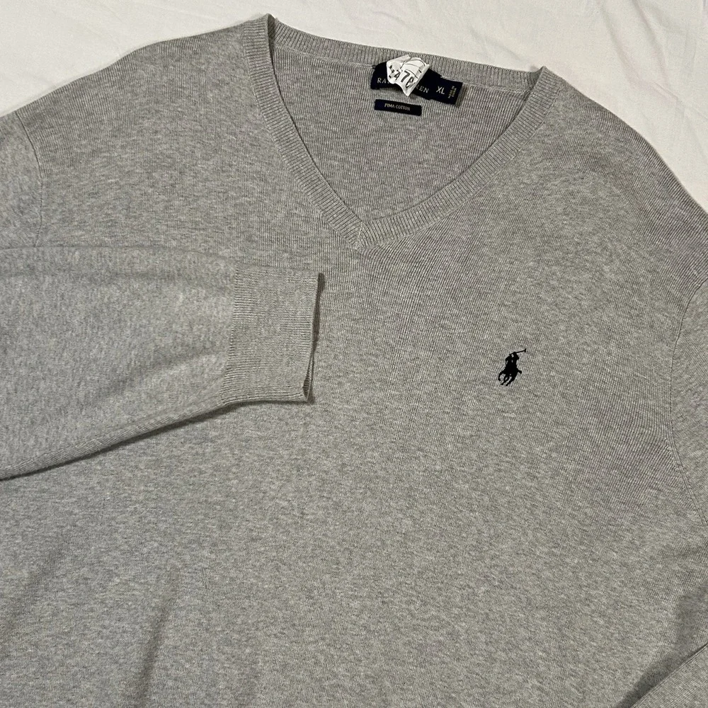 Polo Ralph Lauren V Neck Sweater Mens XL Pima Cotton‎ Gray Pony